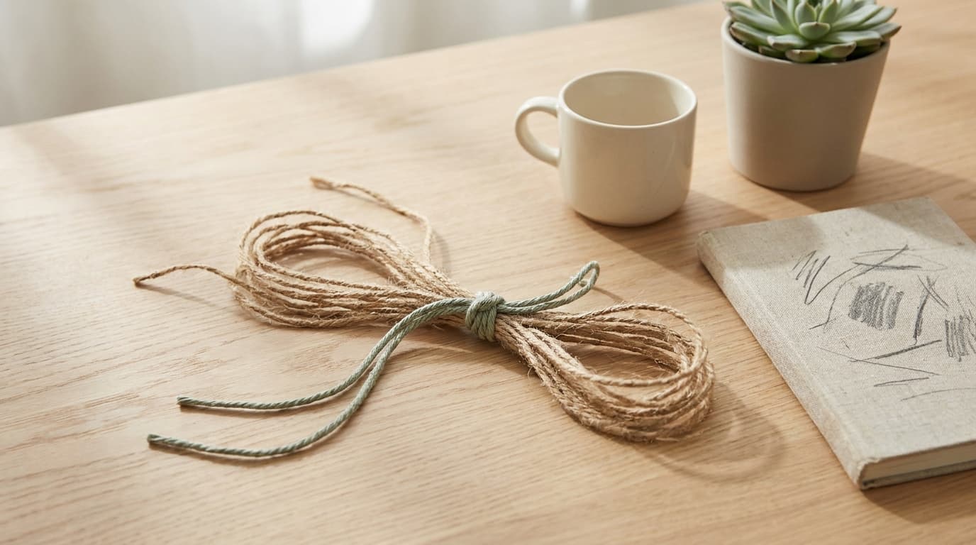 Loose strands of twine gathered into one tied cord on a wooden table.
