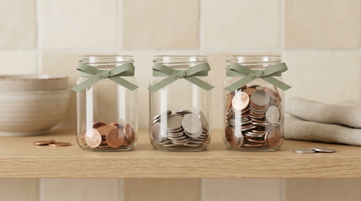 Three glass jars holding coins at different levels on a kitchen shelf.